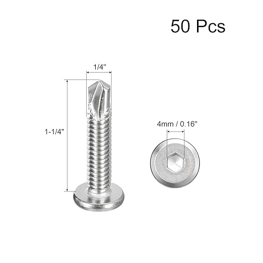 uxcell Hex Socket Self Tapping Screws, 1/4 x 1-5/8" 410 Stainless Steel Sheet Metal Flat Head Drilling Screw 50pcs, Silver