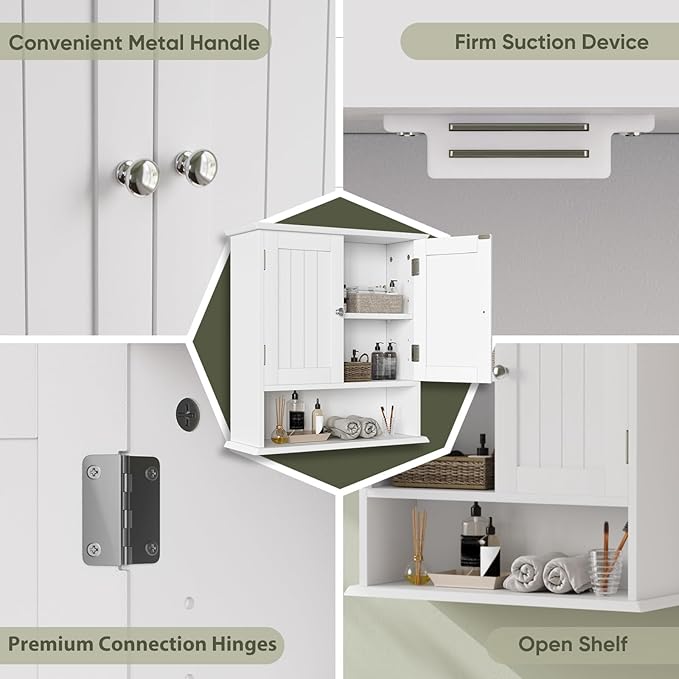 Smuxee White Bathroom Cabinet Wall Mounted, Small Bathroom Medicine Cabinet with 2 Door Adjustable Shelves, Bathroom Wall Cabinet Over Toilet for Laundry Room Kitchen