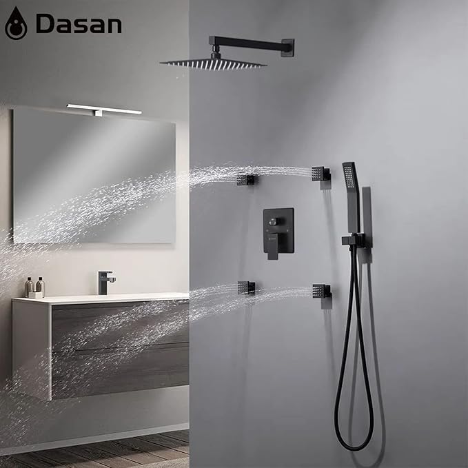 Full Body Rain Shower System with 4 Body Shower Jets & 12’’ Wall Mount Rainfall Shower Head & Handheld, DASAN Multi Shower Head System Matte Black Rain Shower Faucets sets Combo with Rough-in Valve