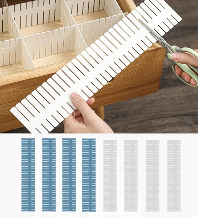 Adjustable Drawer Divider Kit – 8 Pack (White + Blue) – DIY Expandable Drawer Organizer for Dresser, Kitchen, Bathroom