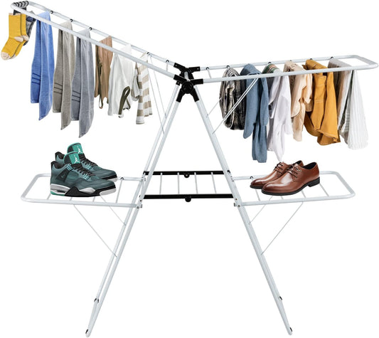 COSTWAY Clothes Drying Rack, Foldable 2-Level Laundry Drying Rack w/Height-Adjustable Wings, 33 Drying Rails & Sock Clips, Standing Large Drying Rack for Clothing, Indoor Outdoor Use