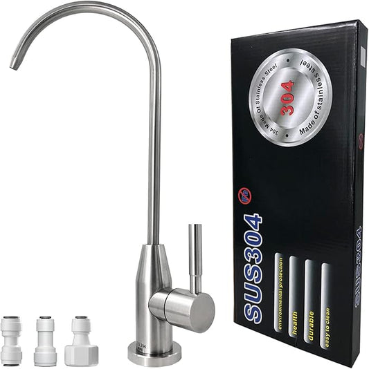 Drinking Water Faucet 100% Lead-Free Kitchen Water Filter Faucet Brushed Finish Cold Water Bar Sink Faucet for Water Purifier Filter Filtration System, 1/4-inch Tube, Stainless Steel