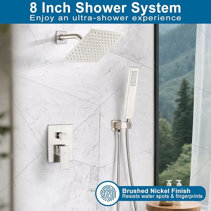 POP SANITARYWARE Shower System Brushed Nickel Bathroom Rainfall Shower Faucet Set Complete Wall Mounted 8 Inch Shower Head and Handle Set with Rough-in Valve Body and Trim Kit