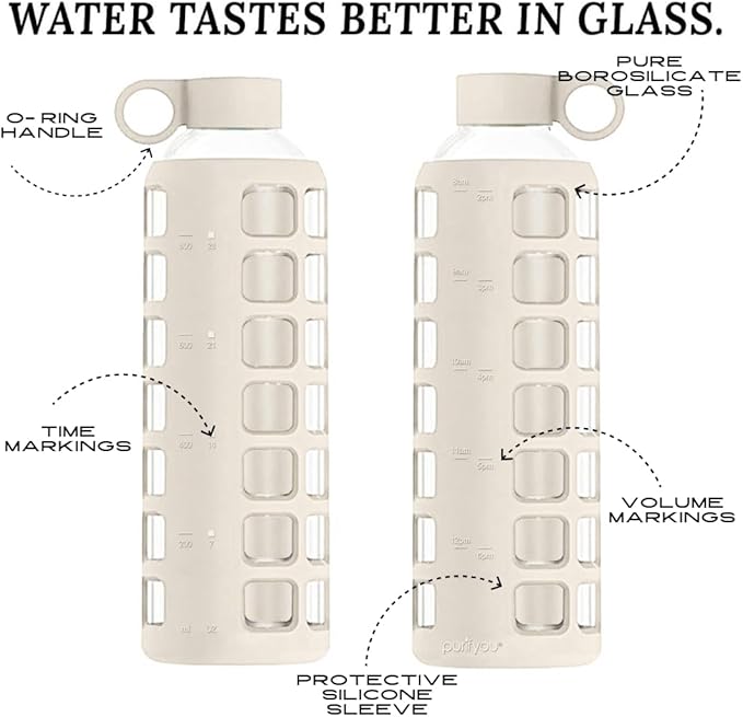 purifyou 40/32 / 22/12 oz Glass Water Bottles with Volume & Times to Drink, Extra Thick Silicone Sleeve, Reusable Bottle for Fridge Water Milk Juice (32oz Pearled Ivory)