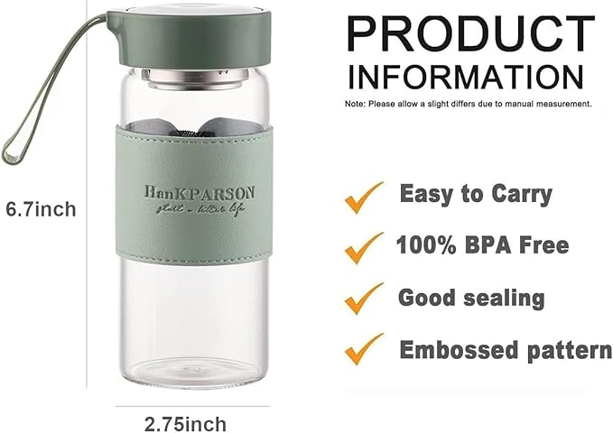 Glass Water Bottles 16 Oz Borosilicate water bottle-with sealing cap and Holsters and filters - BPA free,Men and Women Portable Glass Bottle (Blue+Green)