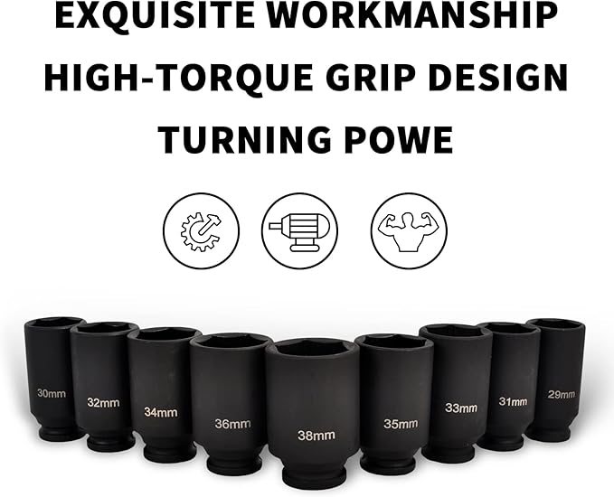9Pcs 1/2 Inch Drive Deep Impact Socket Set 6 Point Metric 29-38mm Drive Spindle Axle Hub Nut Socket Set, Heavy Duty with Portable Storage Case, Use In Removing And Installing Axle Nuts