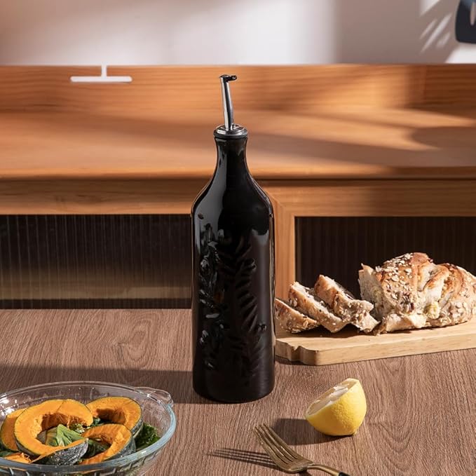 Sweejar Large Olive Oil Dispenser Bottle with Spout, 24 Oz Ceramic Oil Dispenser for Kitchen, Relief Opaque Oil Cruet, Oil Container for Cooking, EVOO, Avocado Oil, Vinegar, Pack of 1(Black)