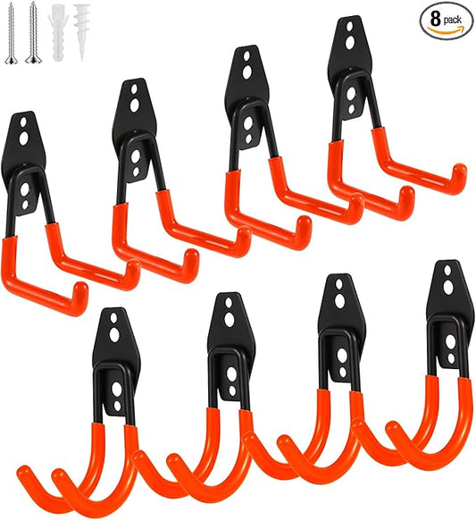 Steel Garage Hooks Wall Tool Organizer, 8 Pack Garage Storage Hook Heavy Duty Utility Storage Hangers Orange for Ladders, Ropes, Garden Tools