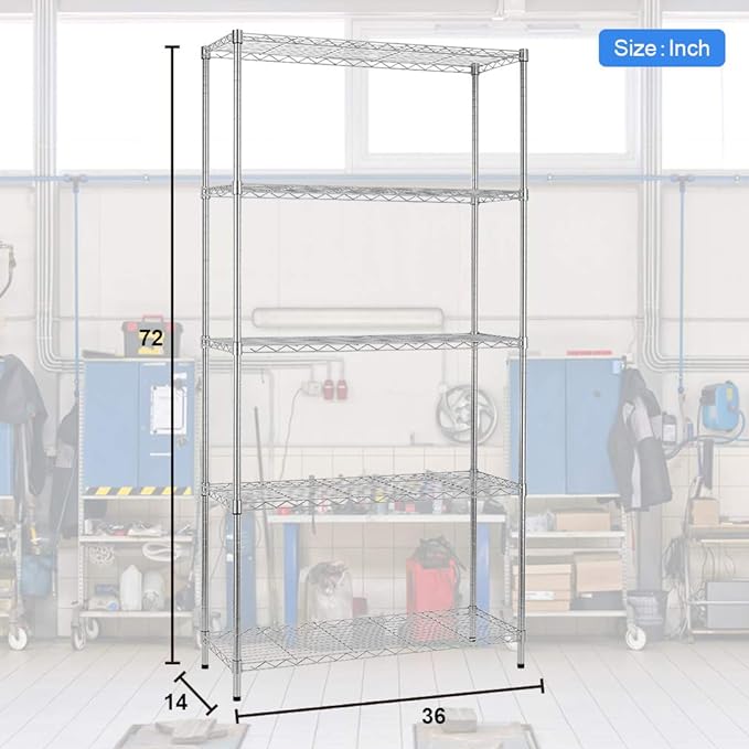 BestOffice | 5-Tier Wire Storage Shelves | 36x14x72 | Chrome | with Adjustable Racks | Heavy-Duty Metal Shelf, Holds Upto 1000 lbs | No-Tool Assembly | Ideal for Home & Garage Shelving