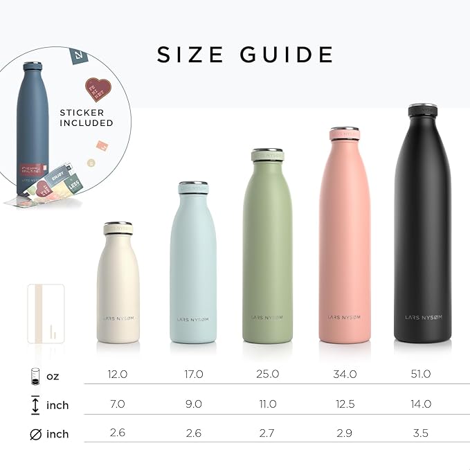 LARS NYSØM Stainless Steel Insulated Water Bottle 12oz 17oz 25oz 34oz 51oz | BPA-free Insulated Thermo Flask for Hot and Cold Beverages | Leakproof Drinking Bottle (Creamy Peach, 34oz)