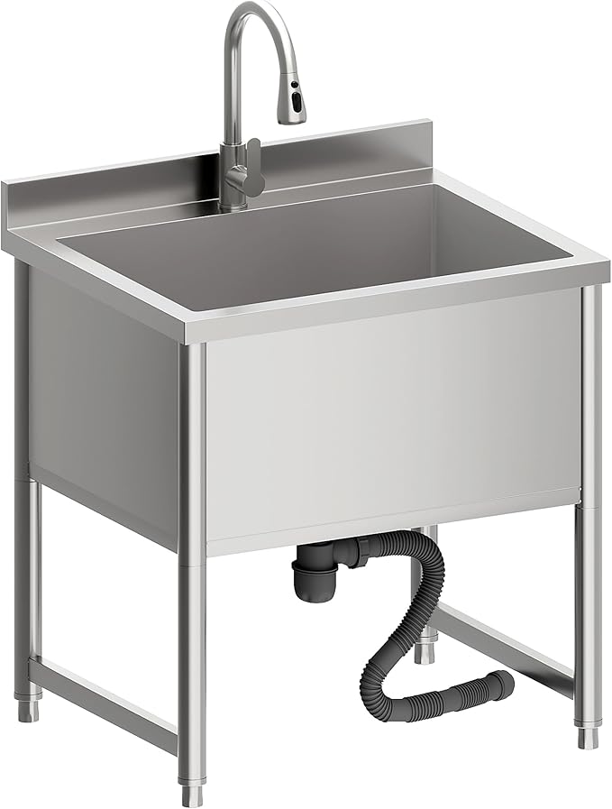 Stainless Steel Commercial Restaurant Sink, Freestanding Large Commercial Sink with Pull-out Faucet for Kitchen Dishwashing, Thawing, Pet Cleaning, Laundry Room, 23.6"D x 27.5"W x 36.8"H