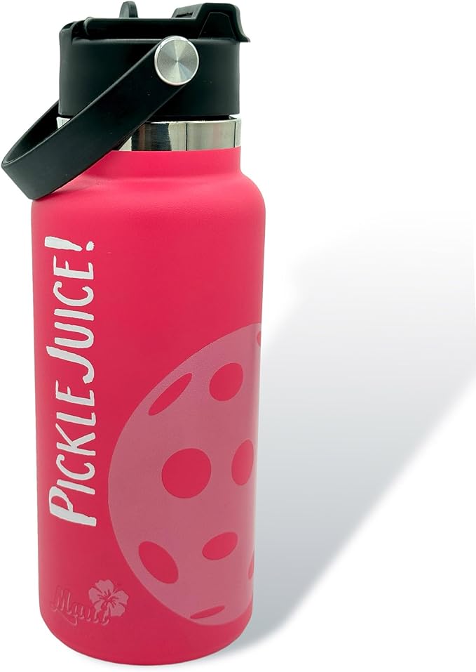 Maui Pickleball Co.™ Pickleball Water Bottle 32oz Pickleball Gifts Insulated Stainless Steel Water Bottle, Funny Water Bottle PickleBall Accessories, Pink Pickleball Bottle Viral TikTok Bottle