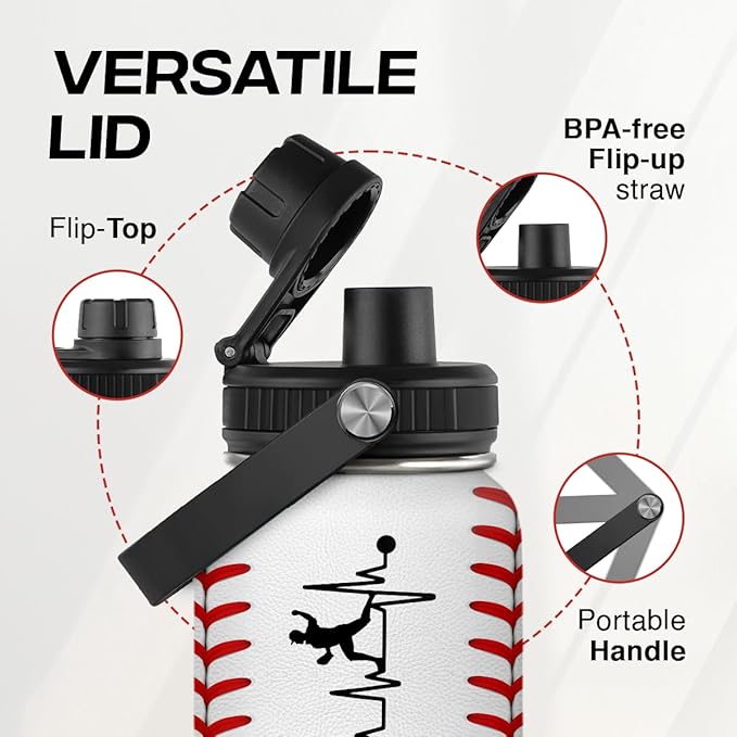 SANDJEST Baseball Water Bottle 32oz Stainless Steel Insulated Bottles for Men Women Sports Lovers Baseball Fan Players Coach - Baseball Gifts for Birthday Christmas