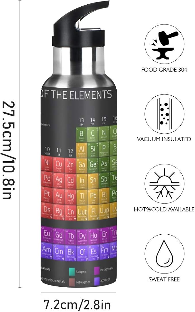 Periodic Table Water Bottle with Straw Lid for Fitness Gym Camping Outdoor Sports, Wide Mouth Vacuum Insulated 18/8 Stainless Steel, 22 oz