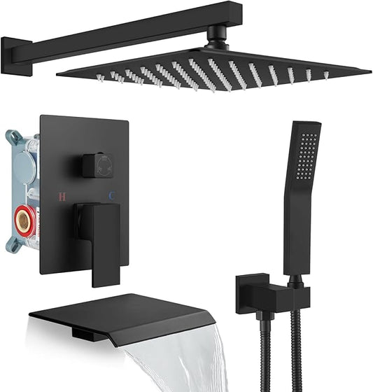 gotonovo Rain Shower Faucet System Set Rainfall Shower Head with Handheld Sprayer Waterfall Tub Spout Wall Mounted Mixer Combo Rough-in Valve and Trim Included 12 Inch Showerhead Matte Black