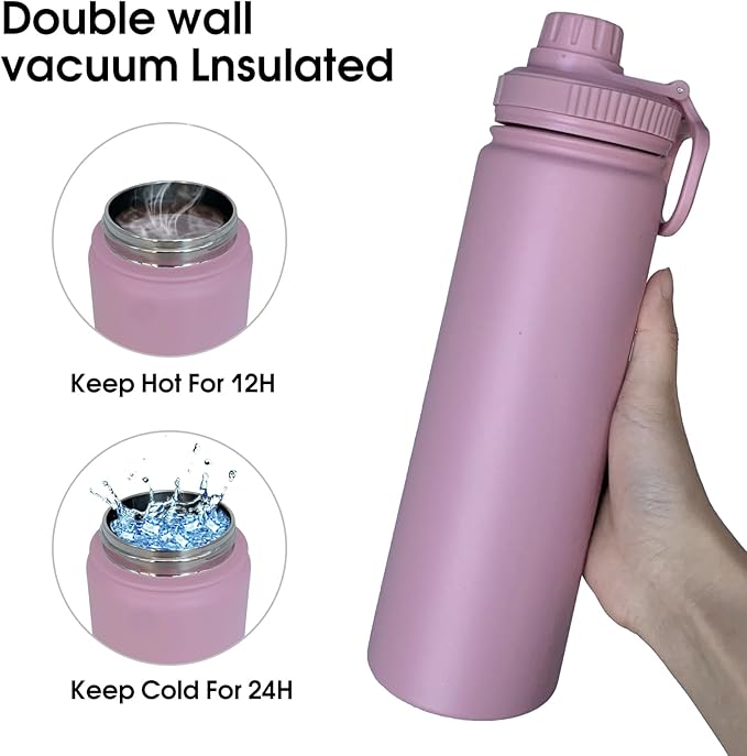 22oz Insulated Water Bottle ，Stainless Steel Sports Water Cup Flask with 2 Lids, Wide Mouth Travel Thermal Mug,Outdoor Sports Bottle（Jelly Purple）