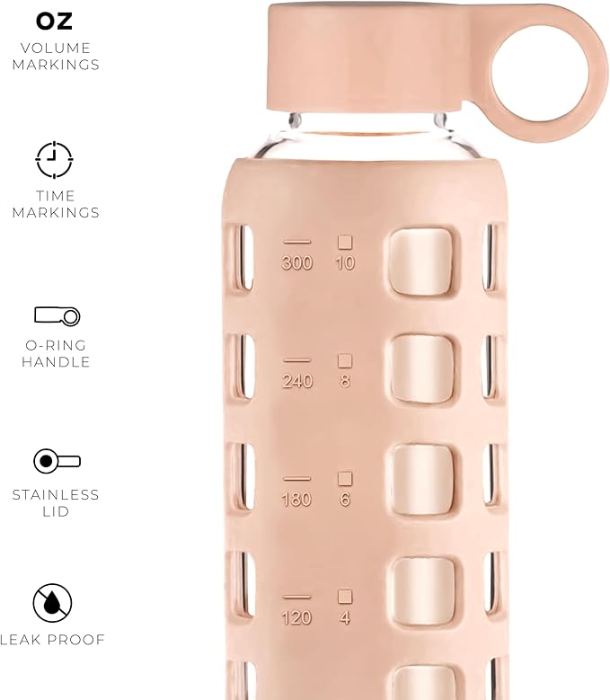 purifyou Premium 40/32 / 22/12 oz Glass Water Bottles with Volume & Times to Drink, Silicone Sleeve & Stainless Steel Lid Insert, Reusable Bottle for Fridge Water, Milk, Juice (12oz Hazelnut)