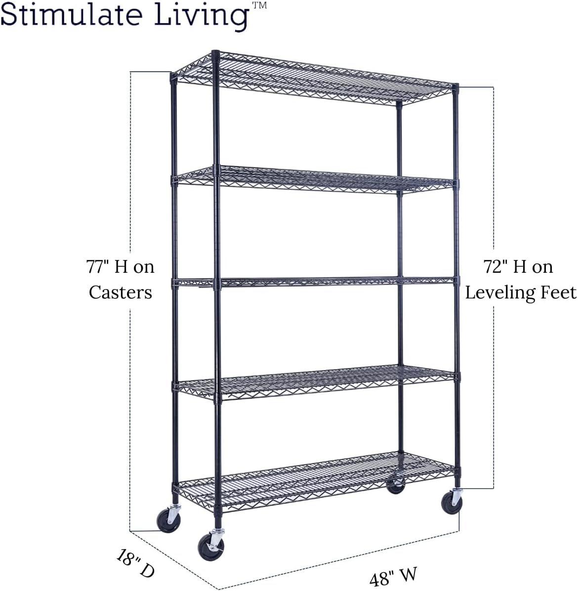 48"x18"x72" PRIME HEAVY DUTY Black 5-Tier Wire Shelving NSF 4000 LBS MAX Capacity Storage Rack for Commercial, School, Home, Garage, Warehouse, Industrial, and Hospital Uses (with Wheels)