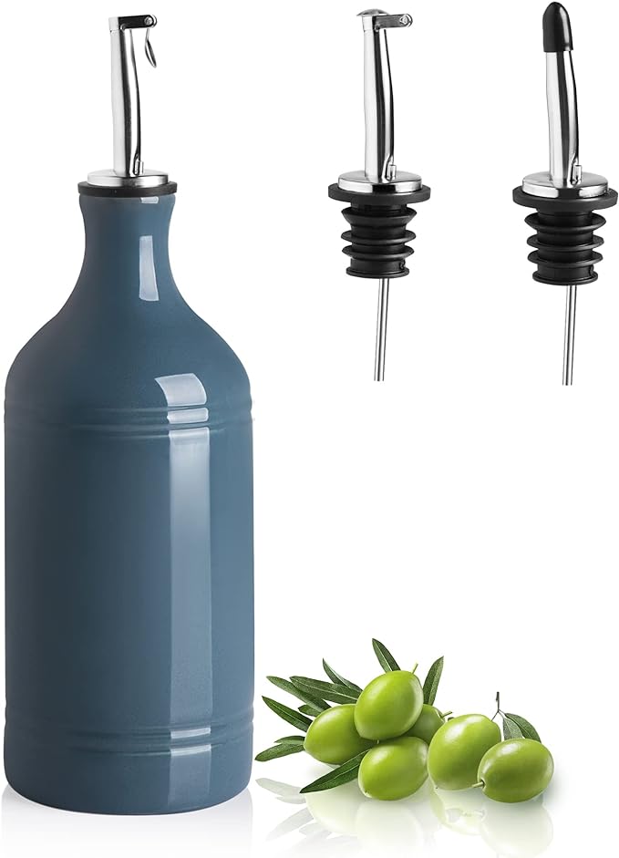 Sweejar Ceramic Olive Oil Dispenser Bottle, Opaque Oil Cruet Protects Oil to Reduce Oxidation, Suitable for Storage Oil, Vinegar, Coffee Syrups & Other Liquids, Pack of 1, 15.5 Fl Oz (Fog Blue)