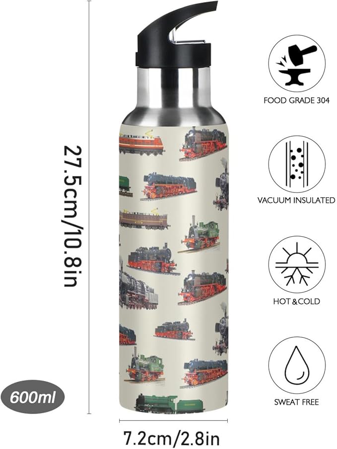 Train Stainless Steel Water Bottle with Straw Lid - 20 Oz Sports Insulated Water Bottle Thermos for Sport Gym Outdoor Travel School