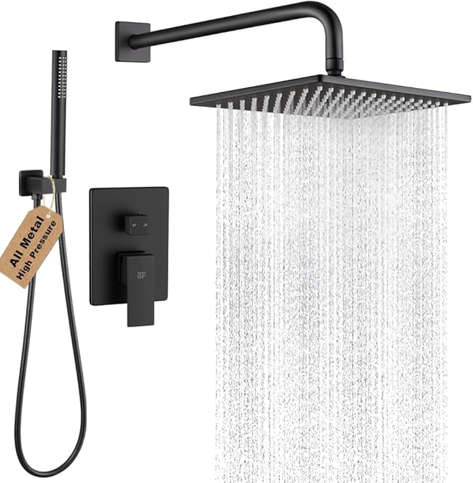 POP SANITARYWARE Matte Black Shower Faucet Set Rainfall 10 Inch Shower Head and Handle Set Bathroom Rain Shower System Wall Mounted Shower Fixture Include Shower Valve and Trim Kit