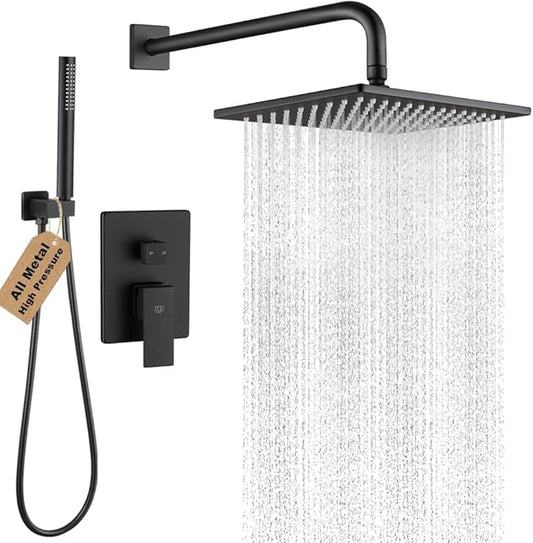 POP SANITARYWARE Matte Black Shower Faucet Set Rainfall 10 Inch Shower Head and Handle Set Bathroom Rain Shower System Wall Mounted Shower Fixture Include Shower Valve and Trim Kit