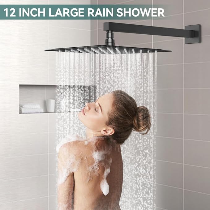 Shower Faucet Set Matte Black Shower System, Starbath 12" Rain Shower Head and Handheld Spray Shower Set Complete Wall Mounted,2 Way Pressure Balance Shower Valve and Trim Kit Included