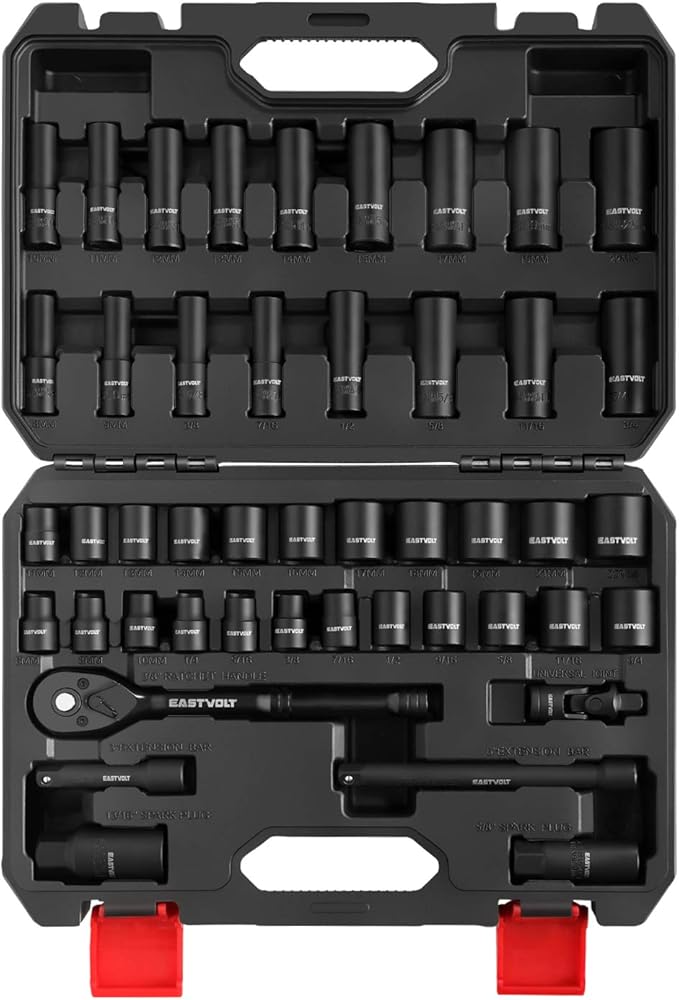 Eastvolt 46 Pieces Drive Socket Ratchet Wrench Set, Mechanic Tool Kits with 72 Teeth Reversible Ratchet, Extension Bar Set and Storage Case, Metric/SAE