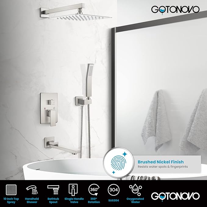 gotonovo Rainfall Tub Shower Faucet Set Bathroom Shower System with Tub Spout Wall Mount Square High Pressure Shower Fixtures with Handheld Sprayer Rough-In Valve 10'' Shower Head,Brushed Nickel