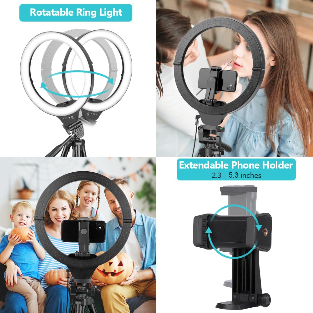 Sensyne 10'' Ring Light with 50'' Extendable Tripod Stand, LED Circle Lights with Phone Holder for Live Stream/Makeup/YouTube Video/TikTok, Compatible with All Phones