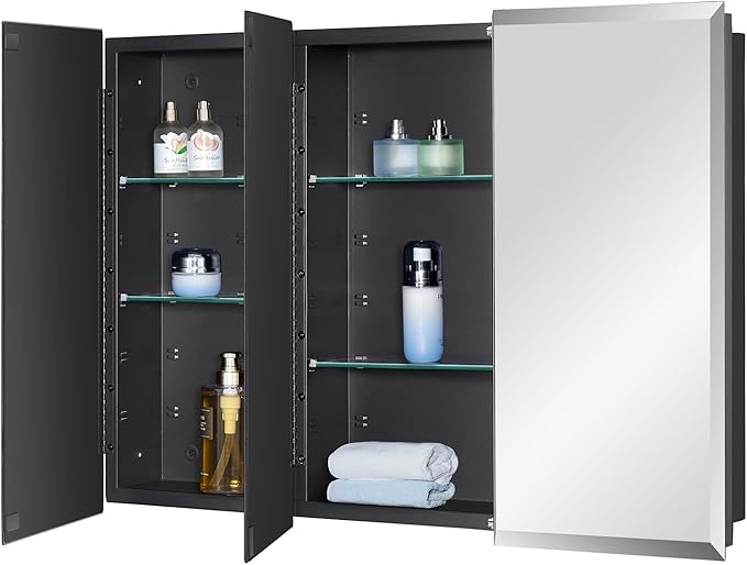 Black Bathroom Medicine Cabinet with Beveled Edge Mirrored Door 36 x 26 inch, Recessed or Surface Mount, with Adjustable Glass Shelves