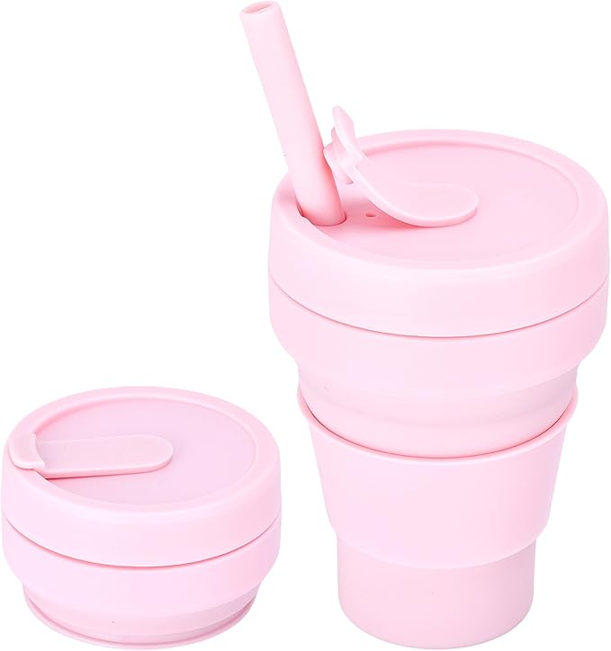 HYDRATE Collapsible Cups for Traveling - 400ml Reusable Cup with Lid for Camping, and On-the-Go Adventures - Foldable Cup - Portable Silicone Coffee Mug for Hot Drinks, Tea - Easy to Clean - Pink