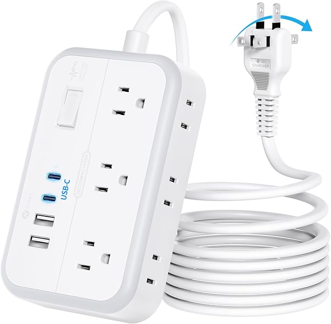 NTONPOWER 10FT Extension Cord with Surge Protector, 2 Prong to 3 Prong Adapter, 1875W Power Strip with 4 USB Ports (2 USB C), Wall Mount Flat Plug Extension Cord for Old House