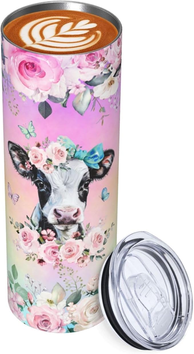 Skinny Tumbler Gift For Men Women, Cow Print Gifts For Women Funny Cow Print Tumbler Cup With Straw Lid 20 Oz,Pink Rose Cow Reusable Stainless Steel Insulated Vacuum Slim Travel Coffee Mug