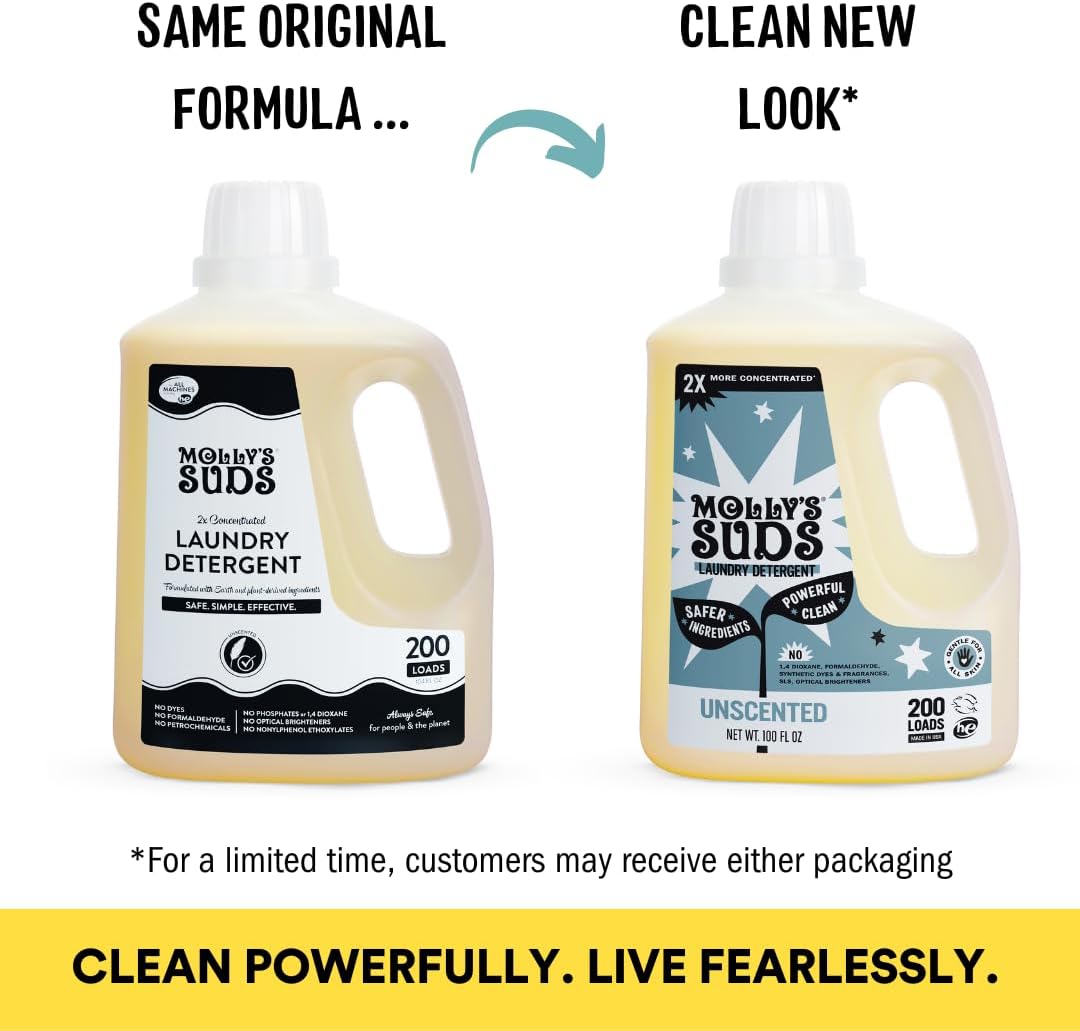 Molly's Suds Liquid Laundry Detergent | Clean Laundry Detergent Soap for Sensitive Skin | 2x Concentrated, High Efficiency (HE) (Unscented - 200 Loads)
