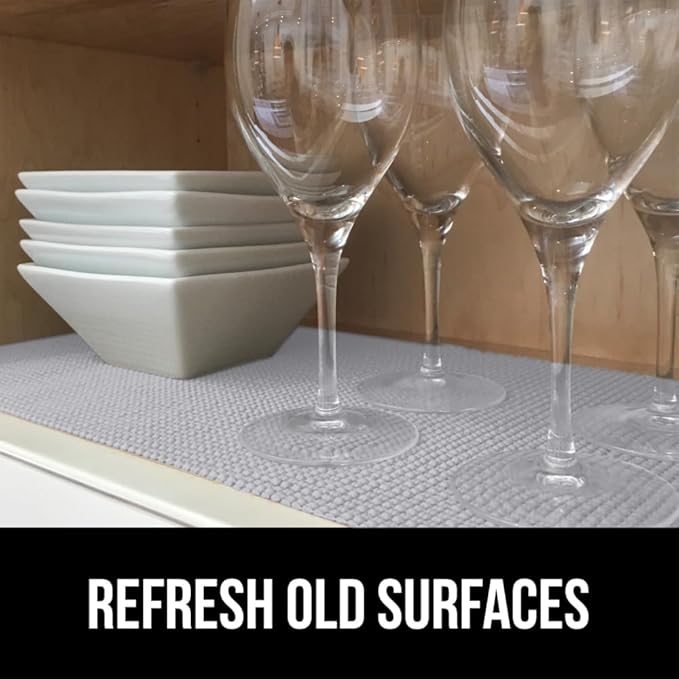 Gorilla Grip powerGRIP Drawer Shelf and Cabinet Liner, Thick Strong Hold, Non-Adhesive Liners Protect Kitchen Cabinets and Cupboard, Bathroom Drawers, Easy Install, Breathable Mat, 12" x30' Light Gray