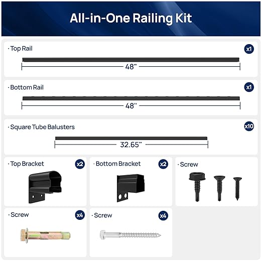 1 Pack 36 in. H x 4 ft. W Porch and Deck Railing Kit Without Post, Aluminum Railing Kit, Black Textured Powder-Coat Finish Rail System for Outdoor Decks, Porches & Balconies (1 Panel)