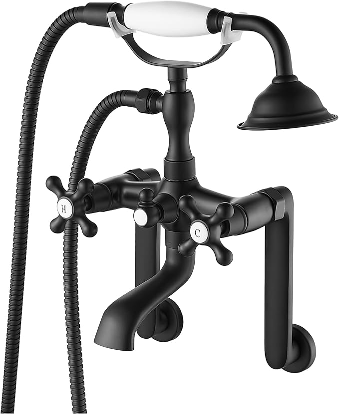 gotonovo Clawfoot Bathtub Faucet Tub Filler with Hand Held Shower Faucet Set Victorian Double Cross Handle 6 Inch Center Adjustable Swing Arms Tub Mount Long Adapter Matte Black