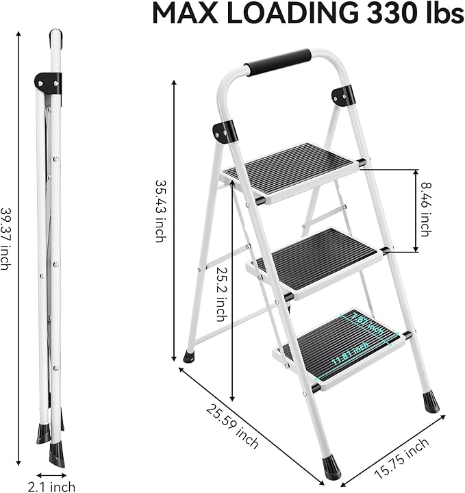 KINGRACK Step Ladder 3 Step Folding with with Anti-Slip and Wide Pedal,Portable Foldable,Tall Sturdy Step Ladder with Handgrip for Home Kitchen Household,White