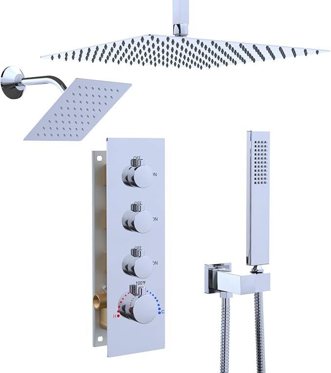 Enga Thermostatic Dual Head Shower System, 16 Inch Ceiling Mount Shower Head with 6 Inch Wall Mount Shower Head Shower Faucet Set, All Functions Can Operate Simultaneously, Chrome