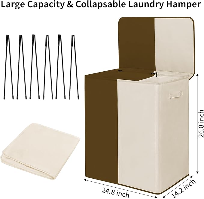 WOWLIVE Double Laundry Baseket with Lid and Removable Laundry Bags,154L Large Laundry Hamper 2 Section Collapsible Dirty Clothes Hamper for Laundry Room,College Dorm,Bathroom,Brown and Beige