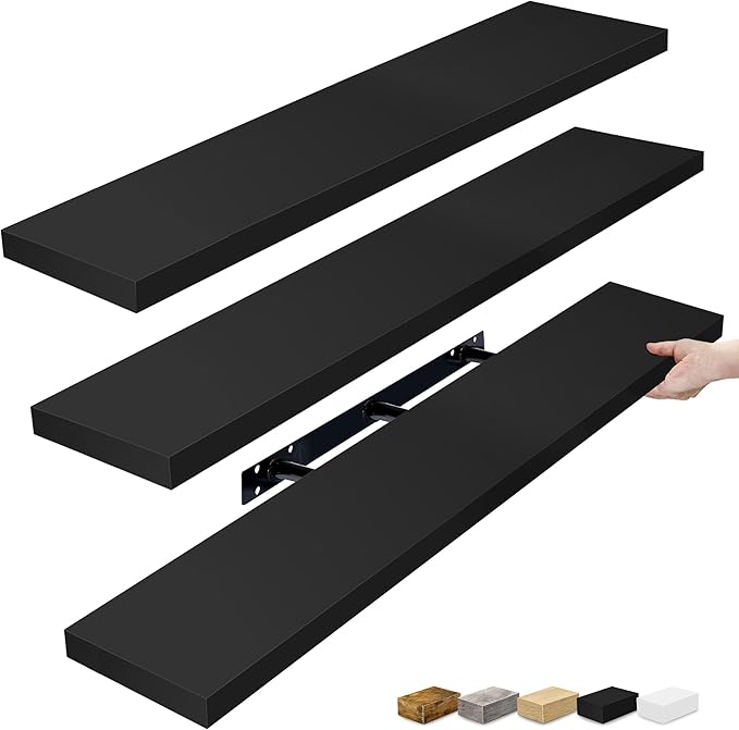 Sorbus Floating Shelves for Wall - 48 Inch Long Bathroom Shelves, Wall Decor for Bedroom, Kitchen, Living Room & Book Storage - Mounted Floating Shelf with Invisible Brackets (Black, 3 Pack)