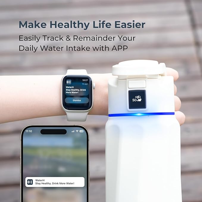 Smart Water Bottle with Reminder to Drink Water - Double Wall Vacuum Insulated Water Bottle Stainless Steel, Wide Mouth 32 oz Water Bottles with Leak-proof Lockable Lid, Water Intake Tracker - White