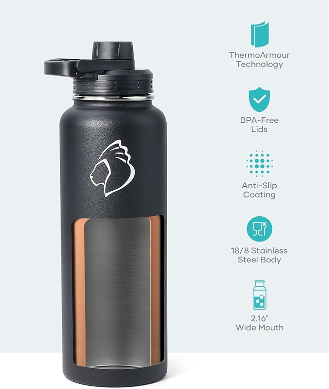 BUZIO Water Bottle with Straw lid, Spout Lid, Hand Lid and Carrying Pouch, 32oz 40oz 64oz Stainless Steel Water Flask Jug, Cold for 48 Hrs Hot for 24 Hrs Double Vacuum Thermo Canteen Mug, BPA-Free
