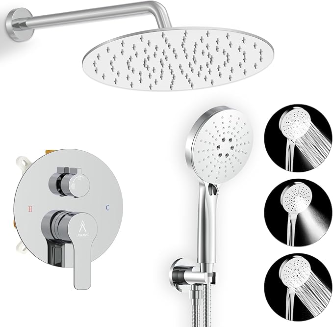 Shower Faucet Set 10IN Brass Rough-In Valve Body Trim Kit Rainfall Included Handle Accessories Complete 2 Functions with Rain Head and Handheld Bathroom Systems (10'', Chrome Polished)