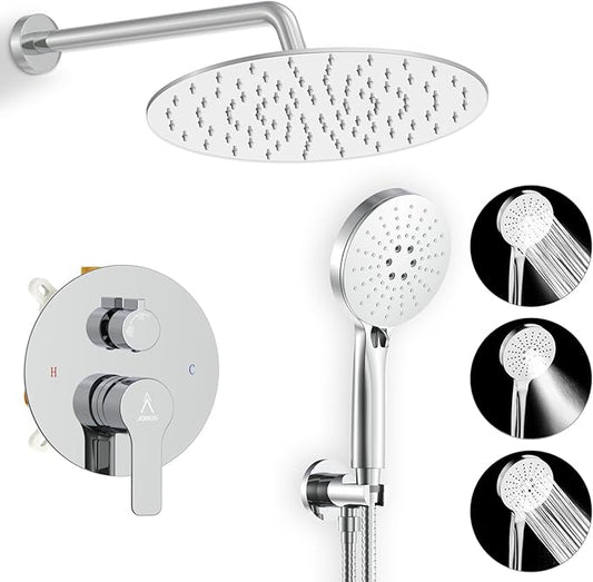 Shower Faucet Set 10IN Brass Rough-In Valve Body Trim Kit Rainfall Included Handle Accessories Complete 2 Functions with Rain Head and Handheld Bathroom Systems (10'', Chrome Polished)