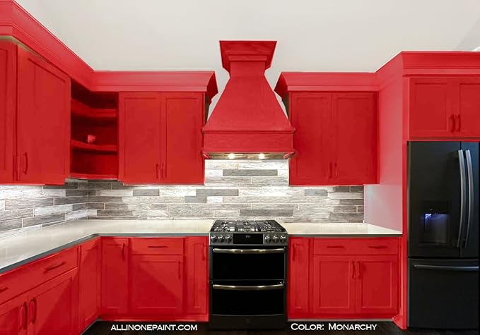 ALL-IN-ONE Paint, Durable cabinet and furniture paint. Built in primer and top coat, no sanding needed. Includes our 30 featured color card - Monarchy (primary red), Gallon