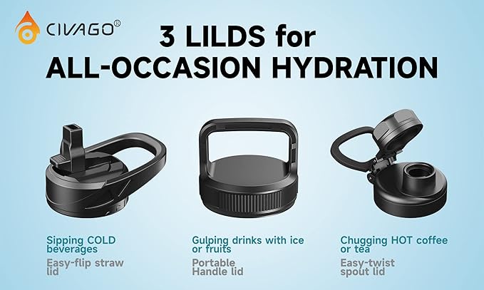 CIVAGO 24 oz Insulated Water Bottle With Straw, Stainless Steel Sports Water Flask Cup with 3 Lids (Straw, Spout and Handle Lid), Double Walled Travel Thermal Canteen Mug, Navy Blue