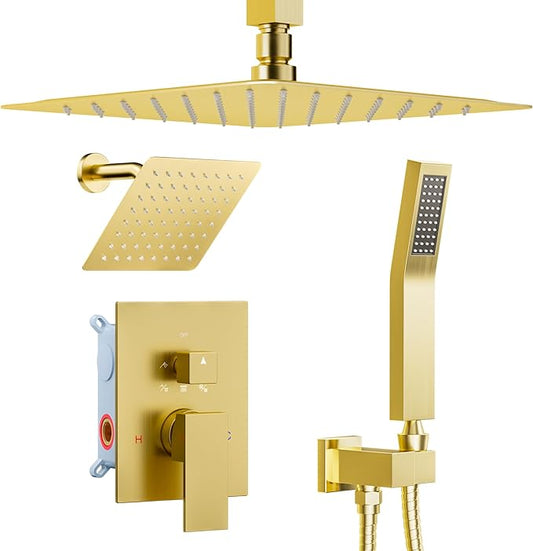 Brushed Gold Shower System, STARBATH 12+6" Multi Head Shower Set with Handheld Spray for Couples, Ceiling Mount Rainfall Shower Faucet Set with 3 Way Shower Valve with 5 Diverter and Trim Kit Complete