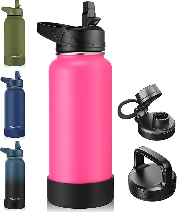CIVAGO 32 oz Insulated Water Bottle With Straw, Stainless Steel Sports Water Flask Cup with 3 Lids (Straw, Spout and Handle Lid), Double Walled Travel Thermal Canteen Mug, Hot Pink
